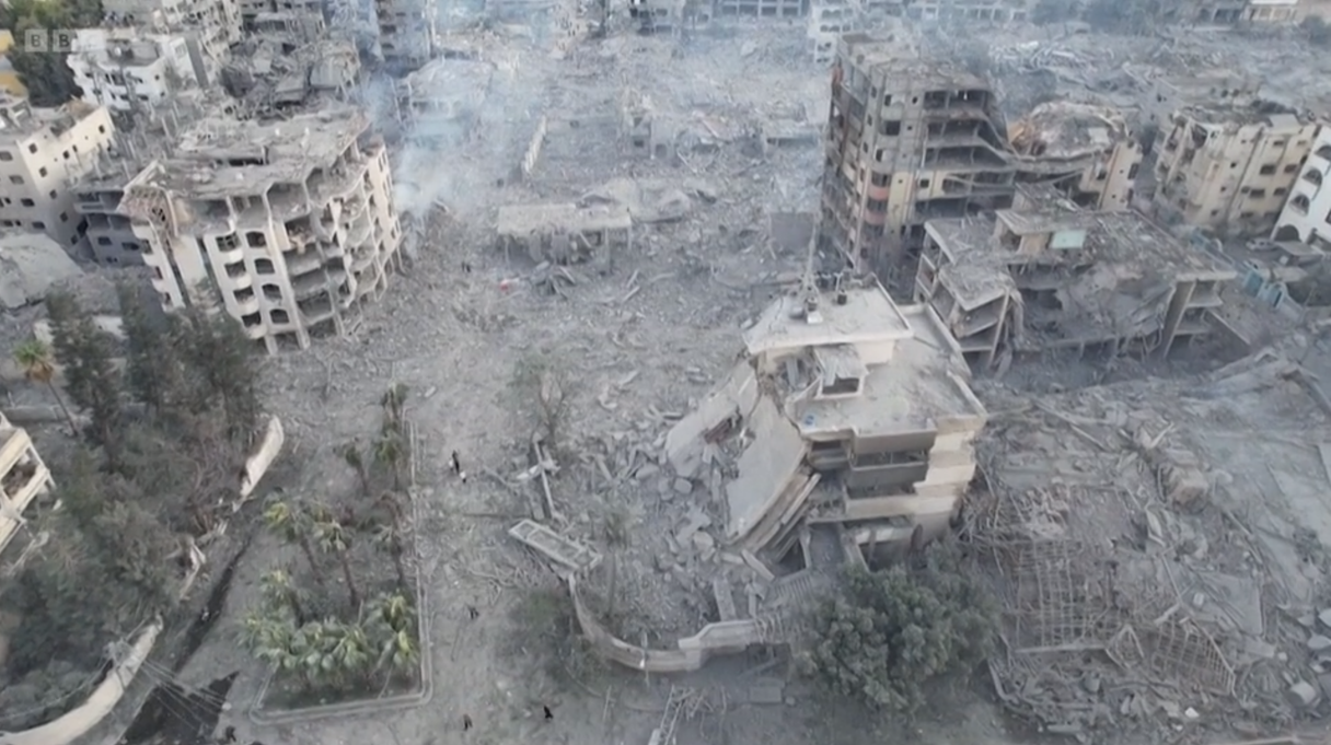 Aerial photo of an entire neighborhood in ruins